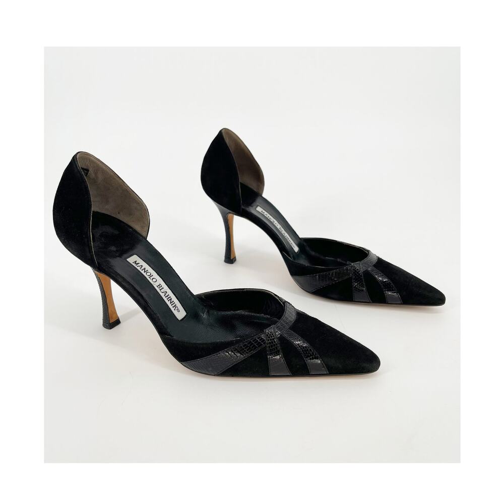 Manolo Blahnik Vintage Black Suede Lizard Trim Pointed Toe D'Orsay Heels IT 37.5